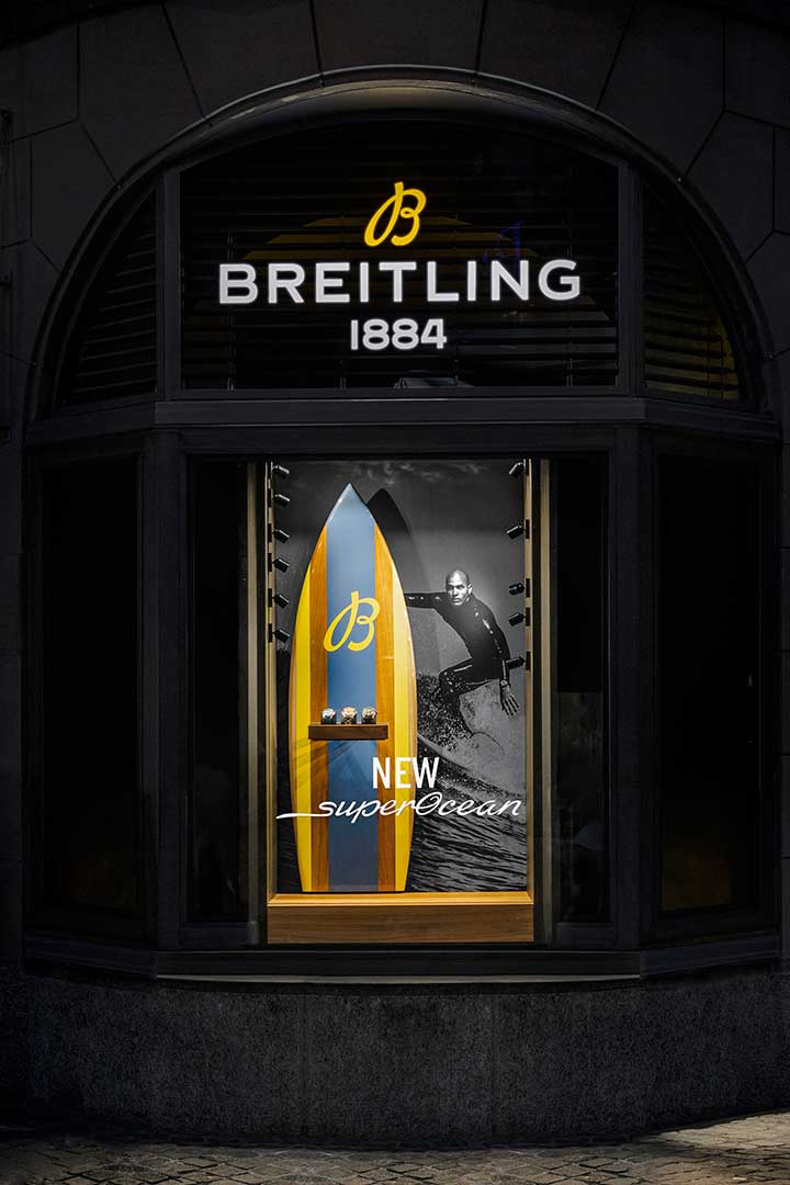 DFROST, Breitling, Super Ocean Heritage, Window Campaigns, Window Campaign, POS Campaign, Window Rollout, Retail Marketing Campaign,Visual Merchandising, Strategic Visual Merchandising, Jewellery, Watches, Surf