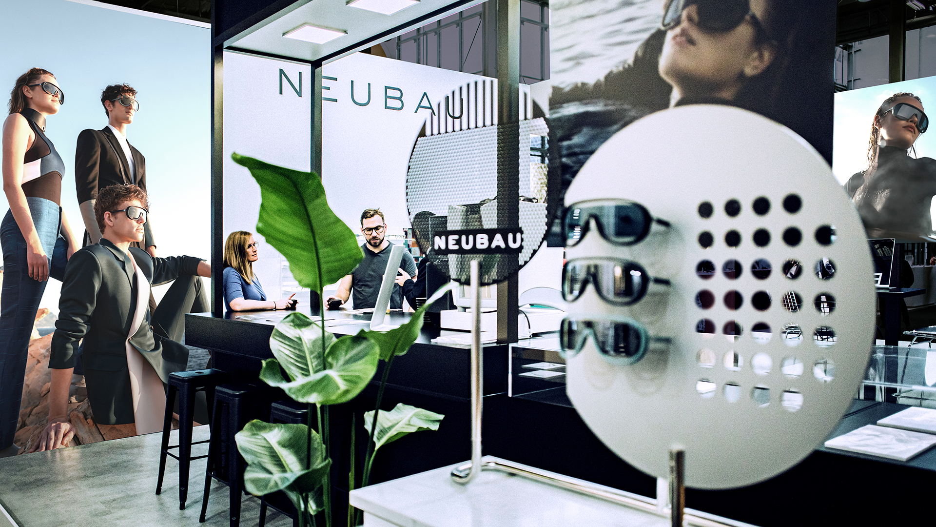 Neubau products displayed on round metal structure
